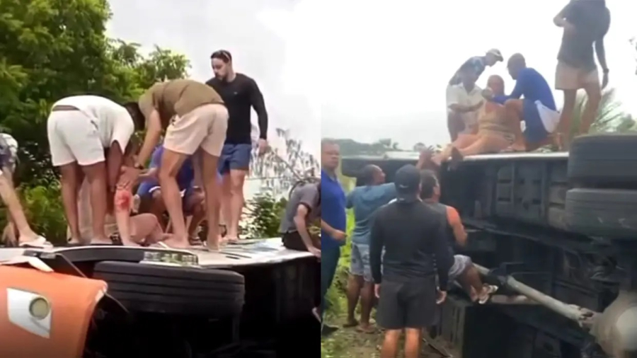 Ônibus de turismo tomba na CE-040 em Beberibe com 37 passageiros